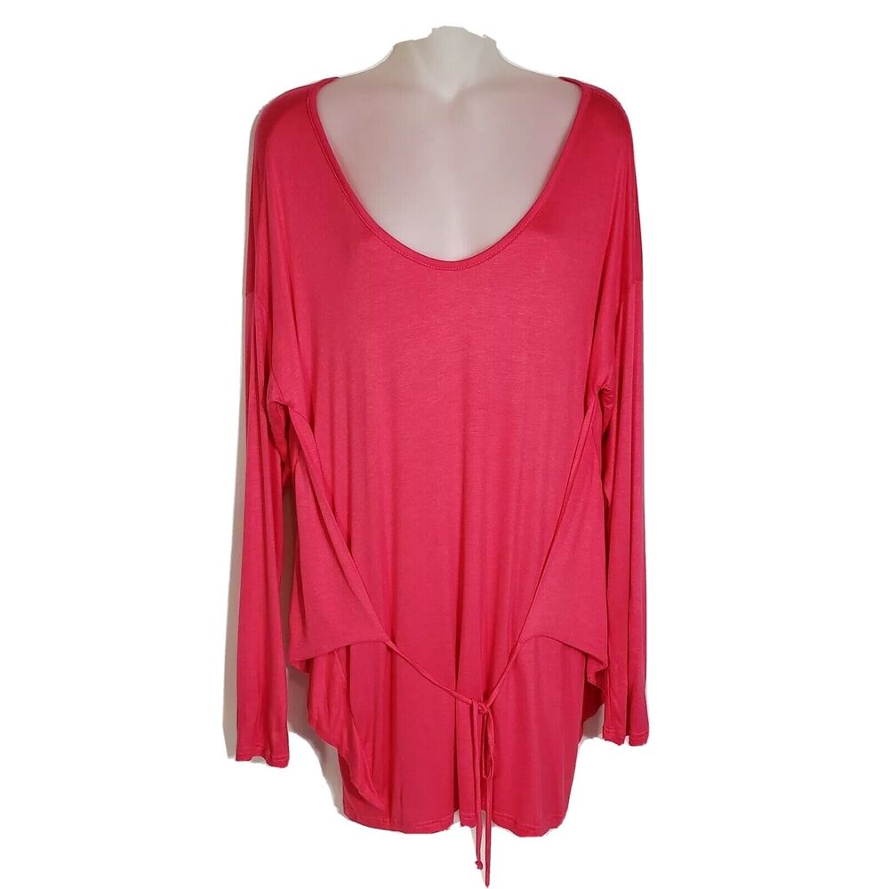 Mon Ami Womens Top Tunic Size Large Long Sleeve Pink Ties Rayon Stretch USA
